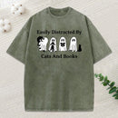 Easily Distracted By Cats And Books Unisex Washed T-Shirt