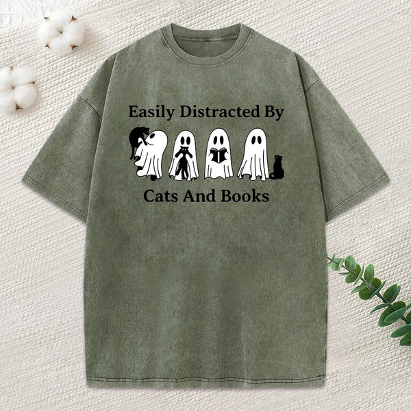 Easily Distracted By Cats And Books Unisex Washed T-Shirt