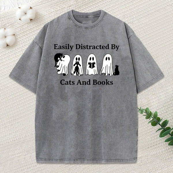 Easily Distracted By Cats And Books Unisex Washed T-Shirt