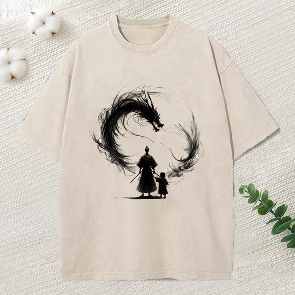 Samurai And Dragon Fatherhood Washed T-Shirt