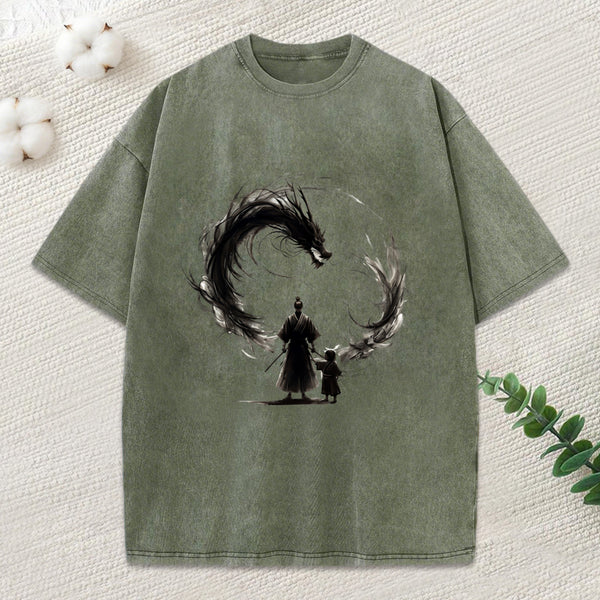 Samurai And Dragon Fatherhood Washed T-Shirt