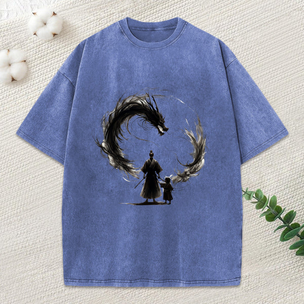 Samurai And Dragon Fatherhood Washed T-Shirt