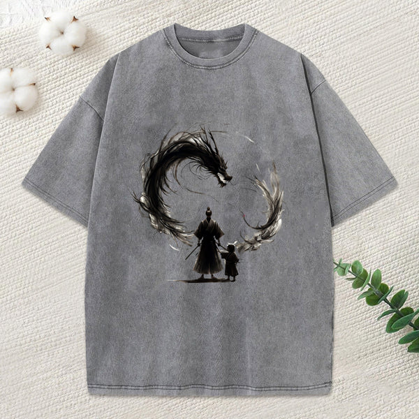 Samurai And Dragon Fatherhood Washed T-Shirt