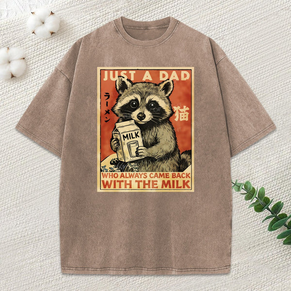 Cute Raccoon Holding Milk Washed T-Shirt