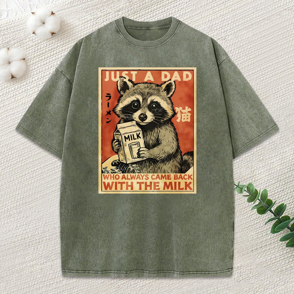 Cute Raccoon Holding Milk Washed T-Shirt