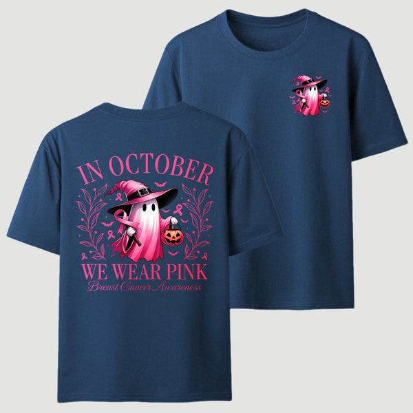In October We Wear Pink Ghost Halloween Breast Cancer Awareness T-Shirt